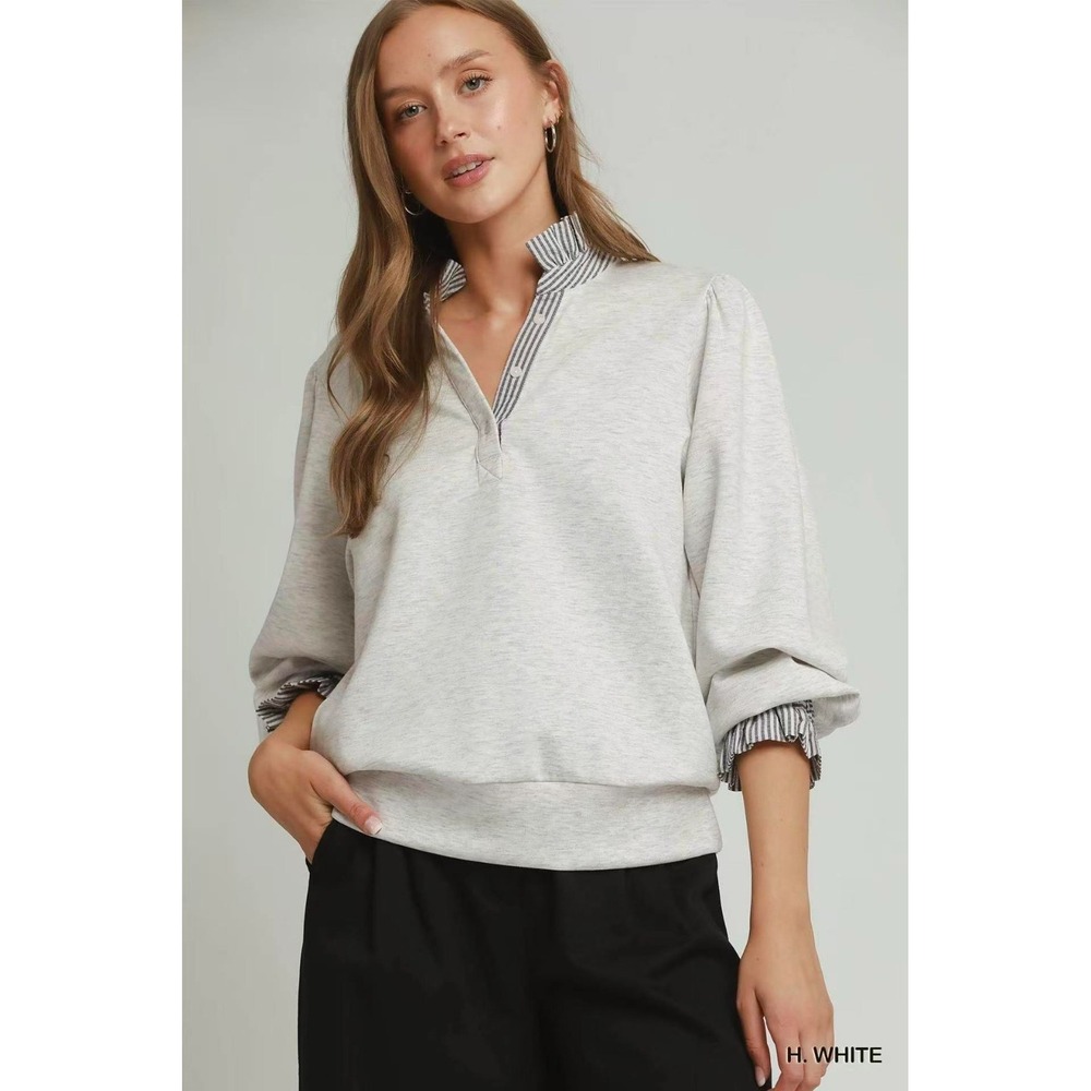Umgee Stripe Ruffle Neck Long Sleeve Top - Medium
